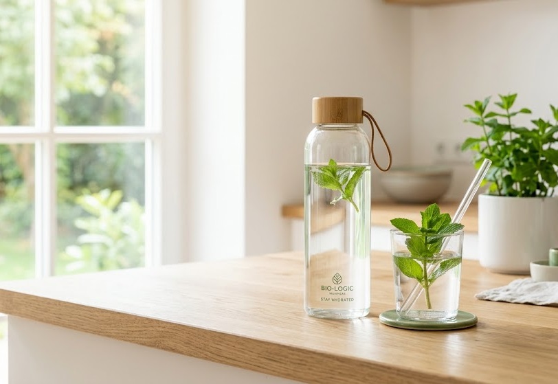 Copo de água, folhas verdes e tapete de yoga numa mesa de madeira